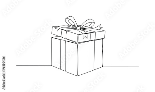 Surprise Gift Box. Minimalistic one-line drawing single present with ribbon slightly open, continuous single black line on white background, simple outline