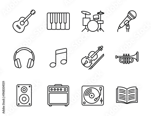 Collection of musical instrument and audio equipment icons in a clean line art style