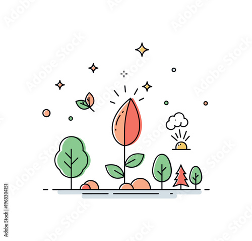 Catalyst environmental action scene where a seed sparks forest growth while tiny sparkle and leaf icons highlight change, renewal, and ecological impact. The