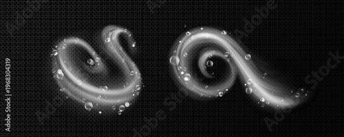 Dynamic water swirls with foam bubbles, fresh vortex effect, set of vector illustrations isolated on transparent background. Clean detergent wave with realistic 3D liquid motion