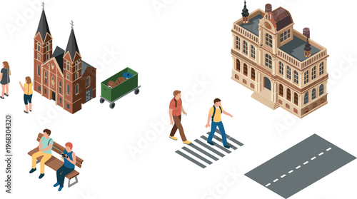 Isometric, European, city, illustration, architecture, people, street, urban, buildings, landmark, lifestyle, tourism, travel, culture, 3D, vector, design, scene, concept