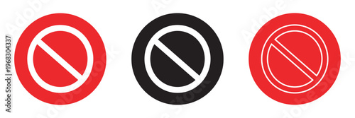 Sign forbidden. Icon symbol ban. Circle sign stop entry and slash line isolated on white background. Mark prohibited. Round cross logo restrict entrance. Signal cancel enter. Vector illustration