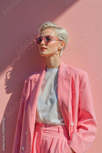Stylish woman in pink suit and sunglasses posing against pink wall. Fashionable blonde female model with short hair in spring outfit