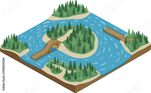 Isometric, island, illustration, river, bridge, archipelago, nature, landscape, water, forest, terrain, scenic, environment, 3D, vector, design, travel, concept, map