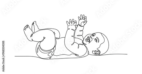 Happy Baby. Minimalistic one-line drawing baby lying down giggling with arms and legs lifted, continuous single black line on white background, simple outline