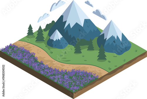 Isometric, mountain, landscape, illustration, nature, terrain, path, flowers, forest, scenic, environment, outdoor, 3D, vector, design, background, travel, concept, meadow