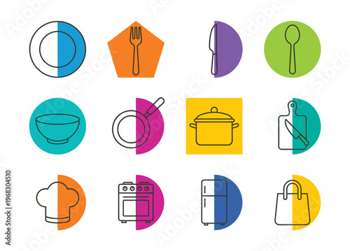 Collection of kitchenware and cooking icons in a grid layout