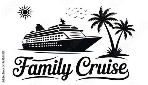 A family cruise ship icon with palm trees and sunny weather