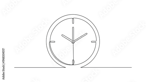 Modern Clock. Minimalistic one-line drawing sleek round clock face with hour and minute hands, continuous single black line on white background, simple outline