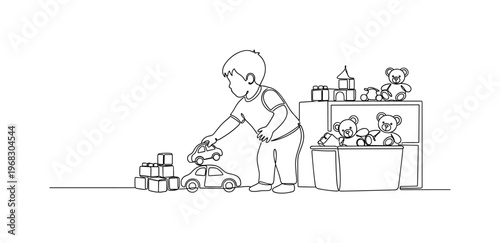 Cleaning Up Playroom. Minimalistic one-line drawing child picking up toys and arranging them in storage, continuous single black line on white background,