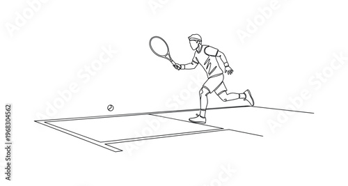 Tennis Court Action. Minimalistic one-line drawing player running toward ball with racquet, continuous single black line on white background, simple outline