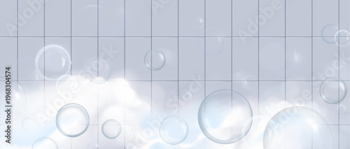 Foam bubbles and white steam on bathroom tile wall background. Vector realistic illustration of soapy bath wallpaper for cleaning detergent or cosmetic product presentation, shower interior design