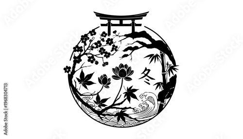 A black and white illustration of a globe with Japanese designs