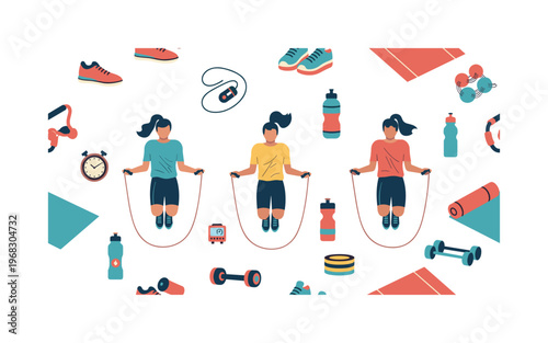 skipping icons seamless pattern, repeating pattern, surface design, textile print, modern illustration of people jumping rope, sneakers, fitness ropes, timers,