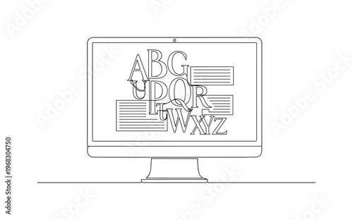 Digital Typography. Minimalistic one-line drawing computer screen displaying letters and text blocks, continuous single black line on white background, simple