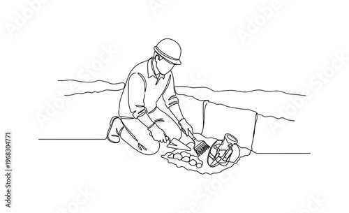 Archaeology Digging. Minimalistic one-line drawing person uncovering ancient artifacts in excavation pit, continuous single black line on white background,