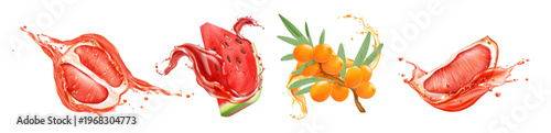 Realistic set of juicy fruit slices isolated on white background. Vector illustration of 3D grape, watermelon pieces and sea buckthorn branch, fresh juice drops splatter, vibrant tropical beverage ads