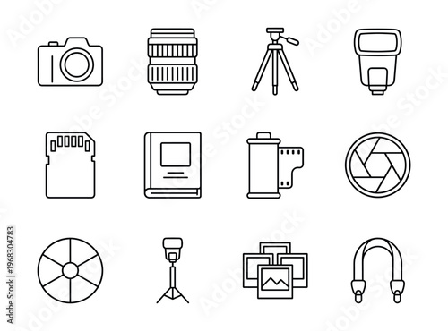 Collection of line art icons representing various photography equipment and accessories
