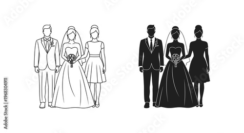 Wedding couples in elegant poses a minimalist black design silhouette