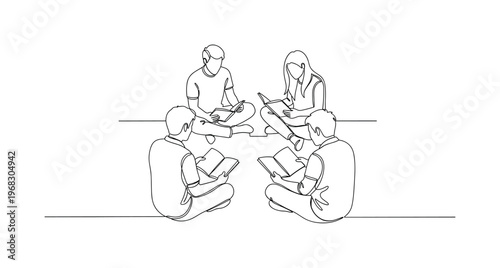 Friends Reading Together. Minimalistic one-line drawing people sitting on floor with books in circle, continuous single black line on white background, simple