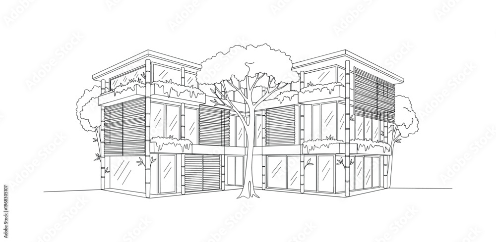 Obraz premium Green Eco Building. Minimalistic one-line drawing modern architecture using bamboo, wood, and plant-based materials, continuous single black line on white