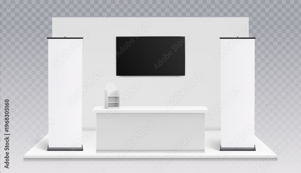 Fototapeta premium 3d realistic trade show booth mockup with blank banners, display panel and counter, vector template isolated on transparent bg. Exhibition stand presentation, promotional event design in render style