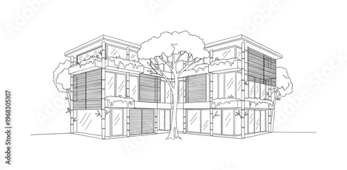 Green Eco Building. Minimalistic one-line drawing modern architecture using bamboo, wood, and plant-based materials, continuous single black line on white