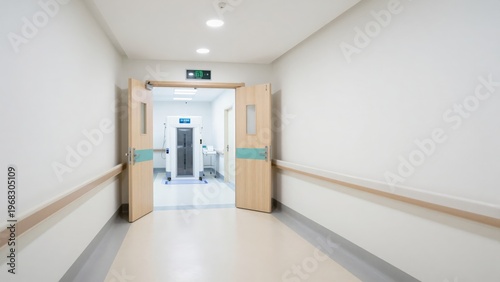 Open double doors at the end of a bright clinical hospital corridor sh.