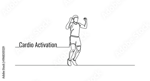 Cardio Activation. Minimalistic one-line drawing individual performing jumping jacks and arm swings for warm-up, continuous single black line on