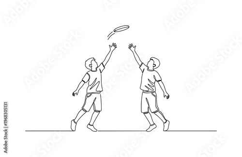 Playful Bond. Minimalistic one-line drawing siblings playing catch with frisbee, continuous single black line on white background, simple outline style, no