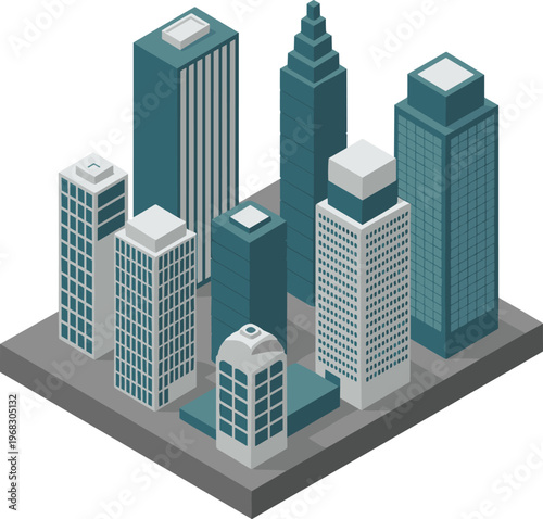 modern city skyline isometric illustration with skyscrapers, urban business district architecture, high rise buildings concept, downtown real estate development design