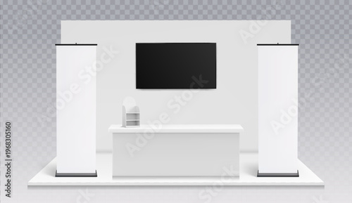 3d realistic trade show booth mockup with blank banners, display panel and counter, vector template isolated on transparent bg. Exhibition stand presentation, promotional event design in render style