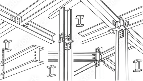 Steel beam structure with metal connectors and I-beams illustration