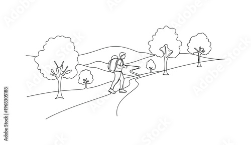 Mountain Trail Walk. Minimalistic one-line drawing hiker navigating trail with trees and hills, continuous single black line on white background, simple