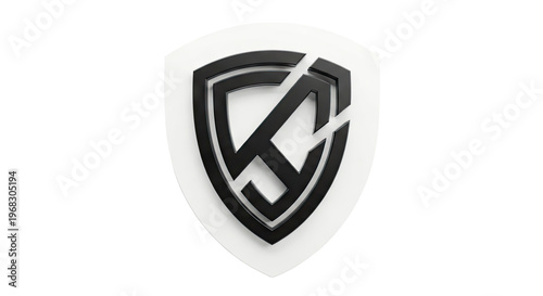 Black and White Shield Logo with Abstract Symbol