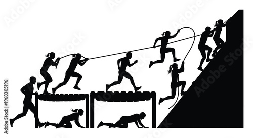 People navigating an obstacle course depicted in a stark silhouette