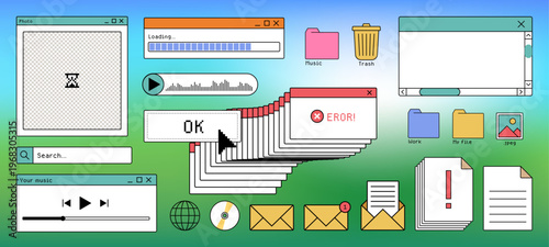 Retro system error message and old icons on computer screen. Vector illustration of Y2K warning window with critical alert, vintage UI elements, folders, email signs, classic desktop interface design