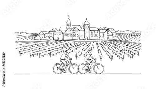 Pedaling Through Europe. Minimalistic one-line drawing couple riding bikes past small European village and vineyards, continuous single black line on white