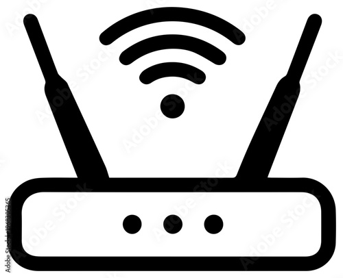 Minimalist black line art icon representing a wireless router with two antennas and wi fi signal waves emanating from the top symbolizing connectivity and digital communication