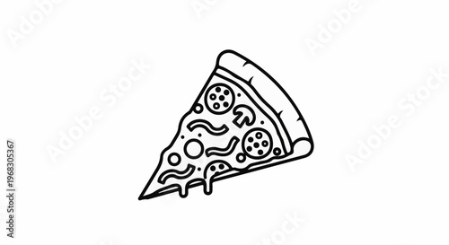 Simple black outline drawing of a slice of pizza with toppings