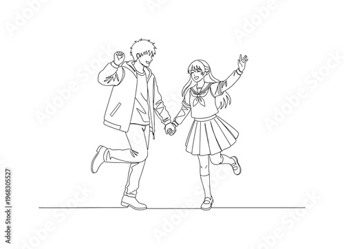 Anime Couple Cosplay. Minimalistic one-line drawing two people dressed as anime characters holding hands, continuous single black line on white background,