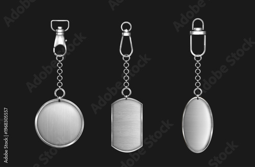 Silver keychains set isolated on black background. Vector realistic illustration of steel key accessory with chain and clasp, car or house key holder, round ring, decorative keychain with pendant
