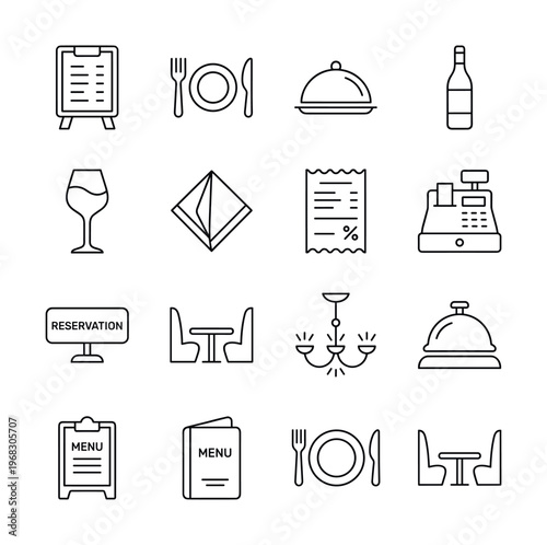 Collection of restaurant and dining icons in a clean, modern line art style
