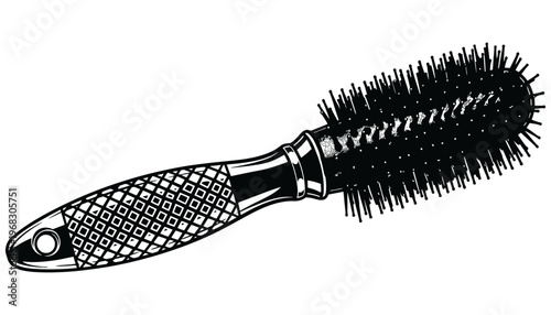 A black and white illustration of a hair brush with a unique handle