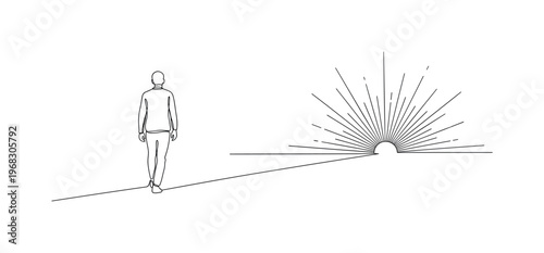 Path to Enlightenment. Minimalistic one-line drawing person walking toward radiant horizon, continuous single black line on white background, simple outline