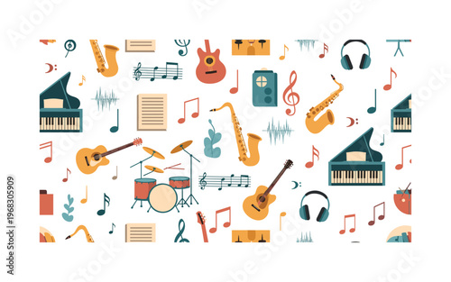 melodic motifs seamless pattern, repeating pattern, surface design, textile print, modern illustration of musical notes, sheet music, instruments, clefs,