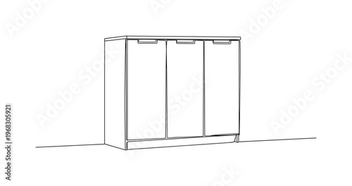 Cabinet Design. Minimalistic one-line drawing cupboard with hidden handles along top edge, continuous single black line on white background, simple outline