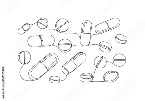 Pharmaceutical Illustration. Minimalistic one-line drawing variety of drug capsules and tablets on white background, continuous single black line on white
