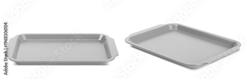 Empty plastic lunch tray with handles for cafeteria meals, angle side view, 3D realistic vector illustration isolated on white background. Grey isometric mockup for fast food service design