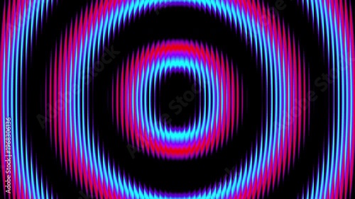 Colorful futuristic neon circles through textured glass. Luminous rings slowly rotating and distorted by ribbed glass for creative projects, digital